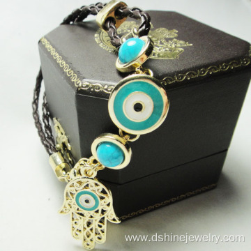 Handmade Blue Evil Eye Leather Bracelet With Hamsa Pendant